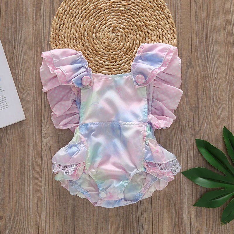 Pastel tie-dye baby romper with ruffled details 