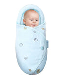 Newborn baby sleeping bag with head shaping design in blue, worn by a baby for safe, cosy night sleep.