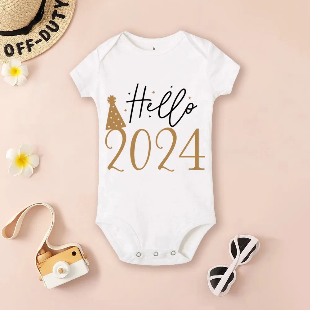 White baby onesie with 'Hello 2024' text 