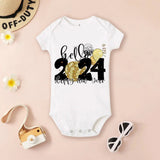 Baby onesie with 'hello 2024 Happy New Year' text