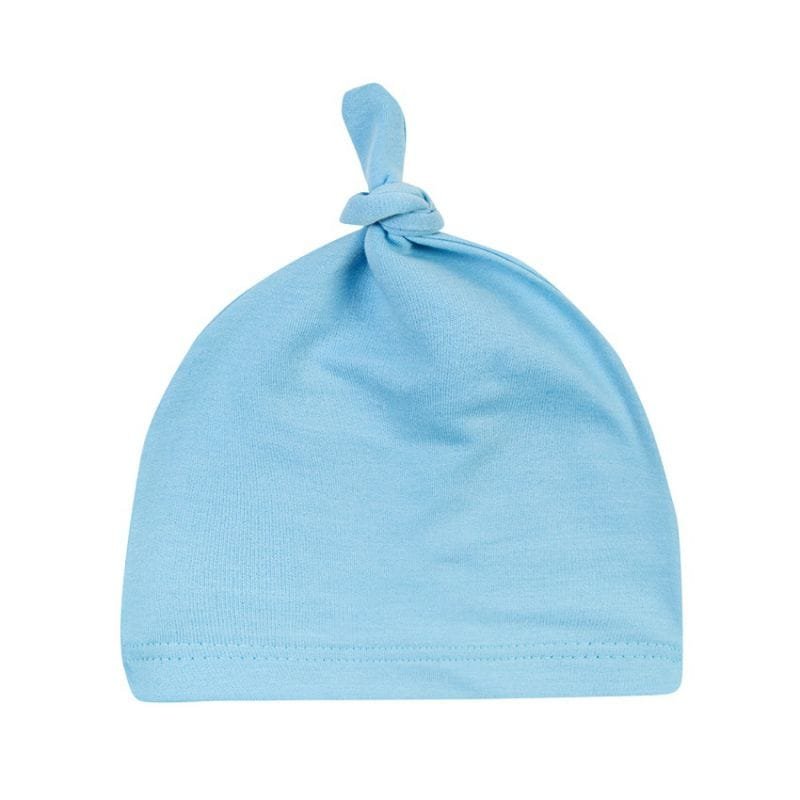 Newborn Baby Cotton Knot Beanie in light blue sleep cap for newborn gifting and nursery photos.