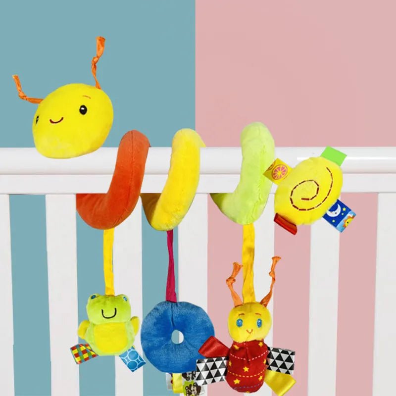 Colorful baby crib mobile with hanging toys.