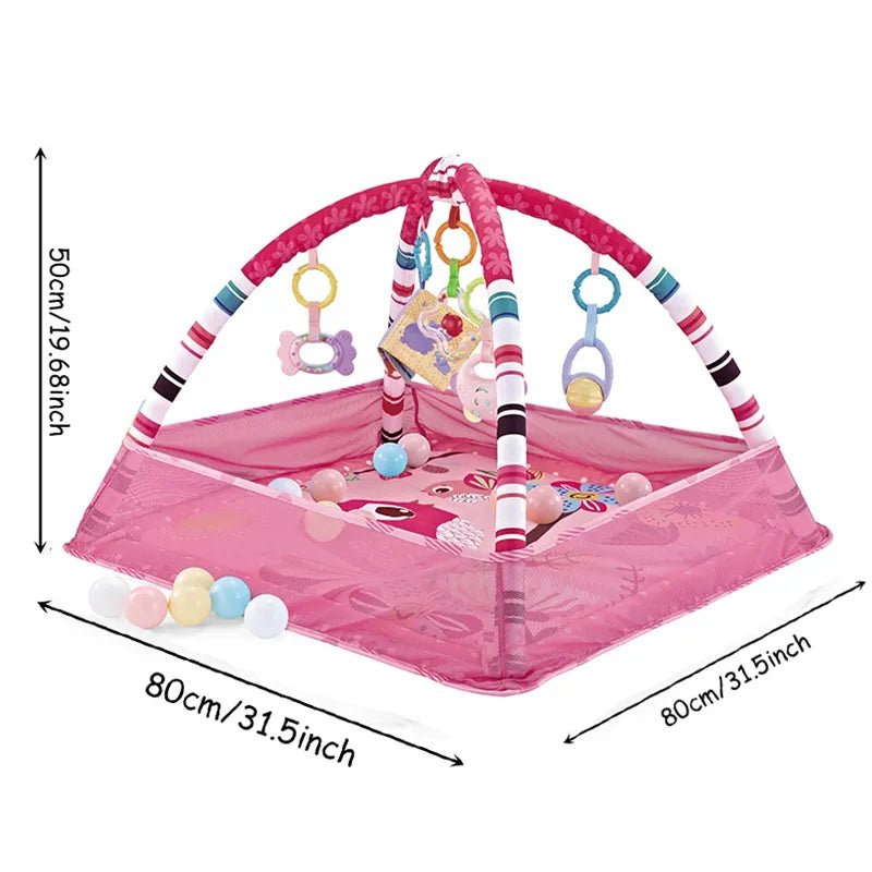 Pink baby play gym with colorful toys and dimensions info.