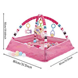Pink baby play gym with colorful toys and dimensions info.