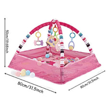 Pink baby play gym with colorful toys and dimensions info.