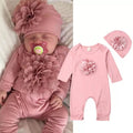Pink floral jumpsuit and hat 2pc cotton set for newborns, a soft outfit for daily wear and baby shower gifting.