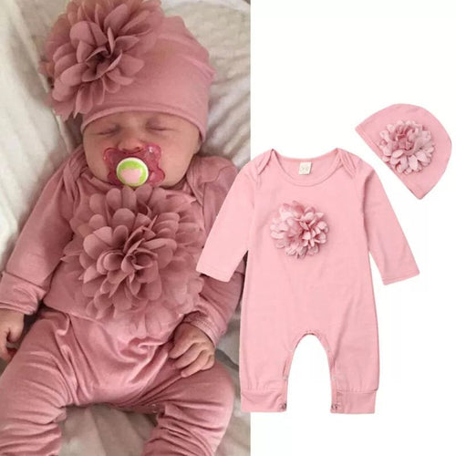 Pink floral jumpsuit and hat 2pc cotton set for newborns, a soft outfit for daily wear and baby shower gifting.