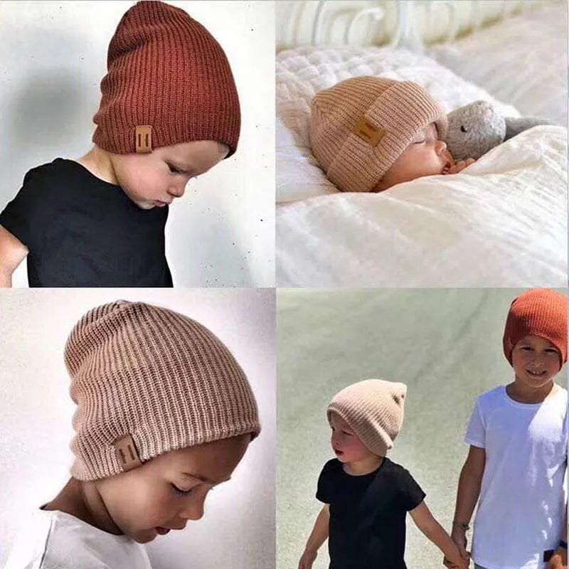 Newborn knitted baby hat colour range worn by children for winter warmth on school runs and outings.
