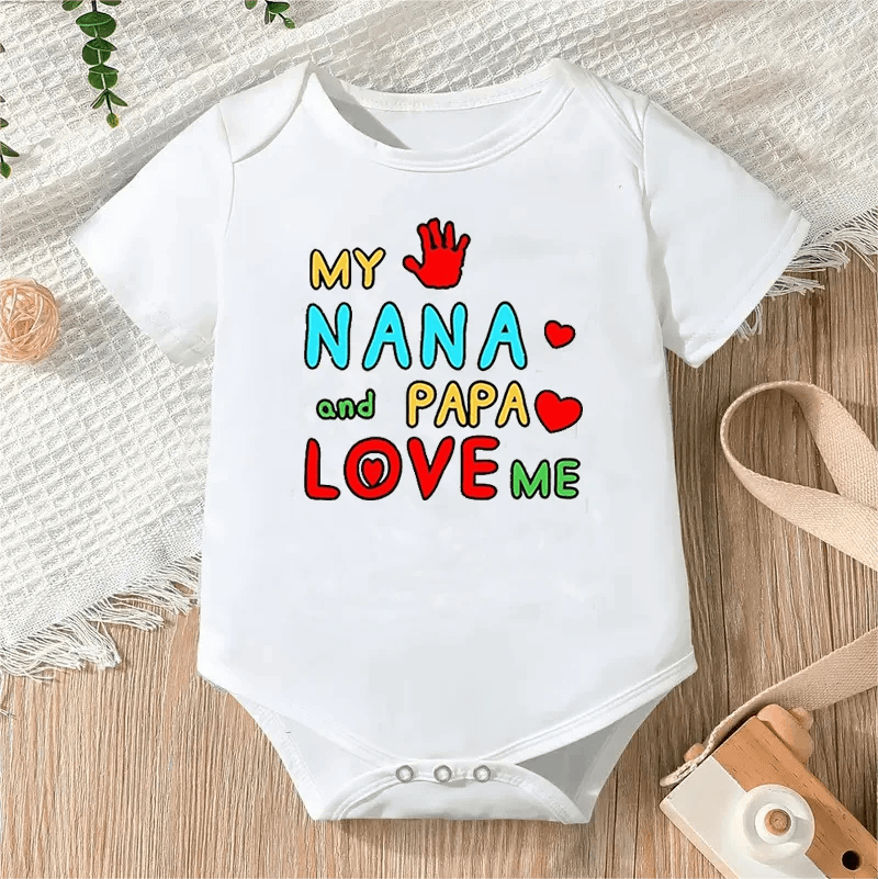 Newborn Letter Print Romper unisex bodysuit flat lay for baby shower gifting.