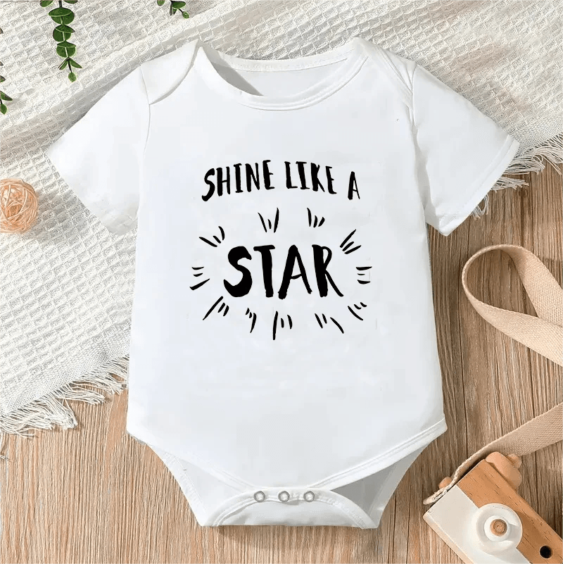 Newborn Letter Print Romper unisex bodysuit close up detail for baby shower gifting.