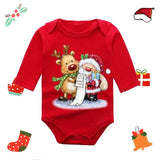 Red baby onesie with Santa and reindeer design 