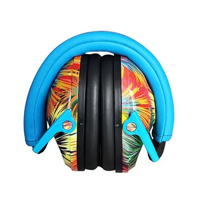 Colorful ear protection headphones with blue accents.