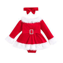 Newborn Santa velvet outfit in red with white trim for festive daywear, pram walks, and holiday get togethers.