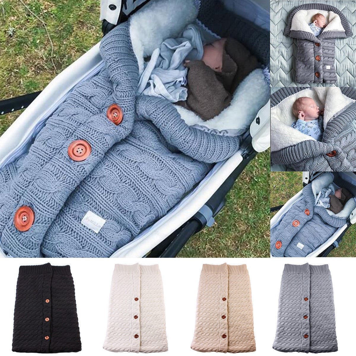 Newborn sleeping bag in knitted cotton, shown in several colours for pram naps and cosy outdoor walks.