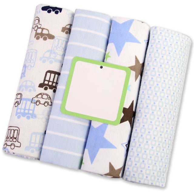 Newborn swaddle blankets in cotton muslin, a folded 4pcs set for daily wrapping, burp cloths, and quick nappy changes.