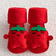 Non-slip Cotton Kids Socks in red tomato print booties for toddlers and infants playful holiday dressing.
