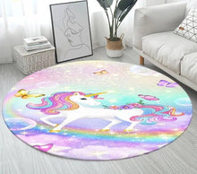 Non-slip kids unicorn 3D cartoon round rug as a safe floor mat for toddlers learning to walk and play.