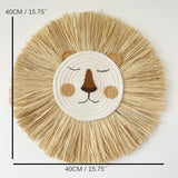 Round woven mat with lion face design and measurements.
