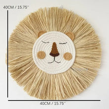 Nordic lion wall hanging with measurements to help parents plan nursery wall layouts before buying.