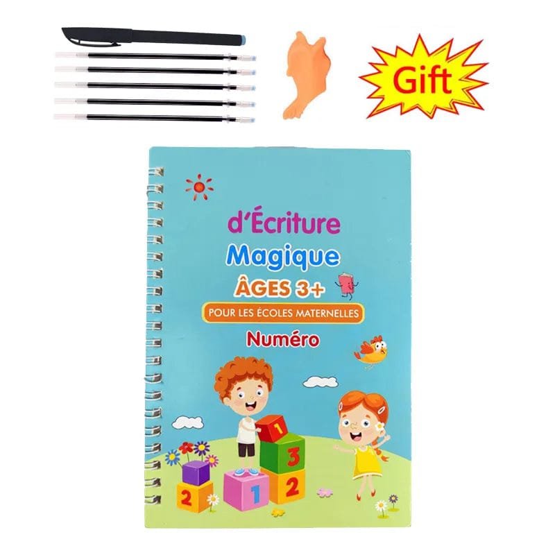 Children's notebook with writing magic feature, pens, and a eraser on a white background