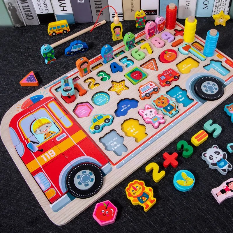 Wooden number learning puzzle with colorful shapes and letters for children practicing counting and recognition.