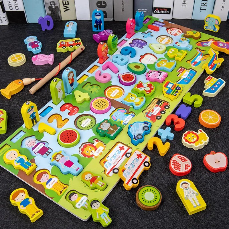 Wooden math puzzle for number matching with letters for children practicing recognition and counting skills.