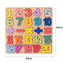 Montessori wooden number puzzle with math symbols and fruit shapes for babies practicing early counting.