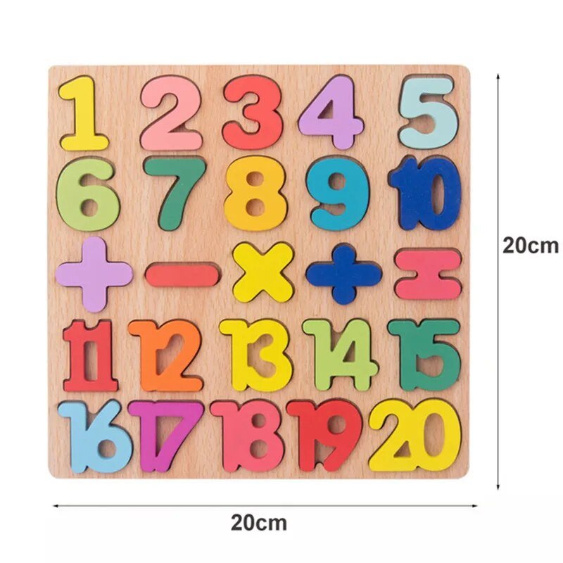 Montessori wooden number puzzle with math symbols and fruit shapes for babies practicing early counting.