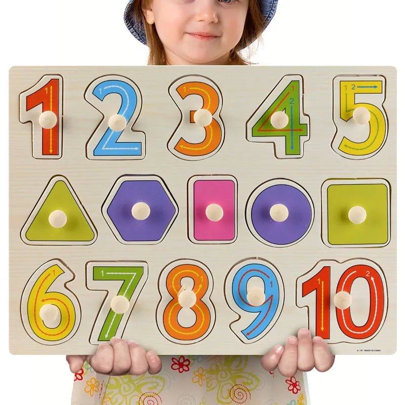 Child holding a Montessori wooden number puzzle board with numbers 1 to 10 for preschool classroom sets.