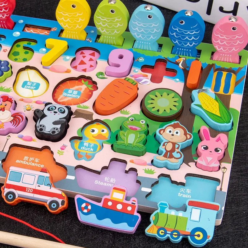 Wooden number puzzle board with animal and vehicle pieces for toddlers practicing counting and matching skills.
