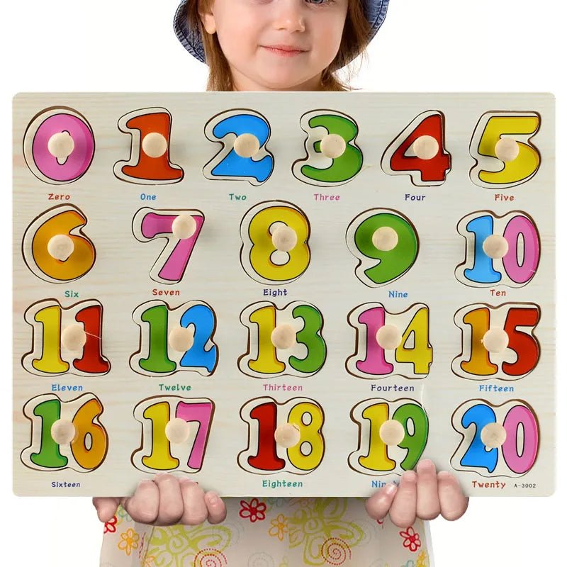 Child holding a Montessori wooden number puzzle board with numbers 0 to 20 in a natural wood design.