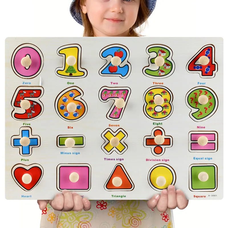 Child holding a Montessori wooden number and shape puzzle board for a screen-free learning activity.