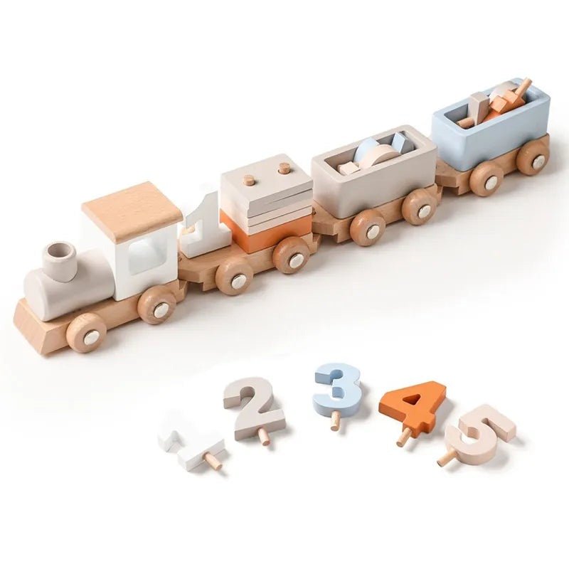 Montessori wooden train and trolley toy with numbered carriages for practicing hand-eye coordination.