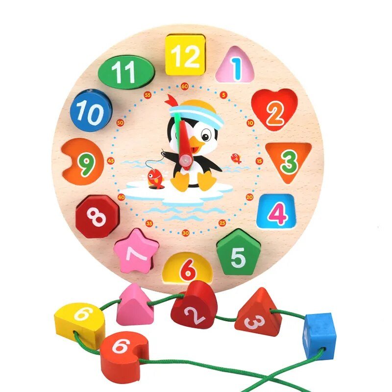 Montessori wooden knob puzzle toy with numbers and shapes for babies developing pincer grip and counting skills.