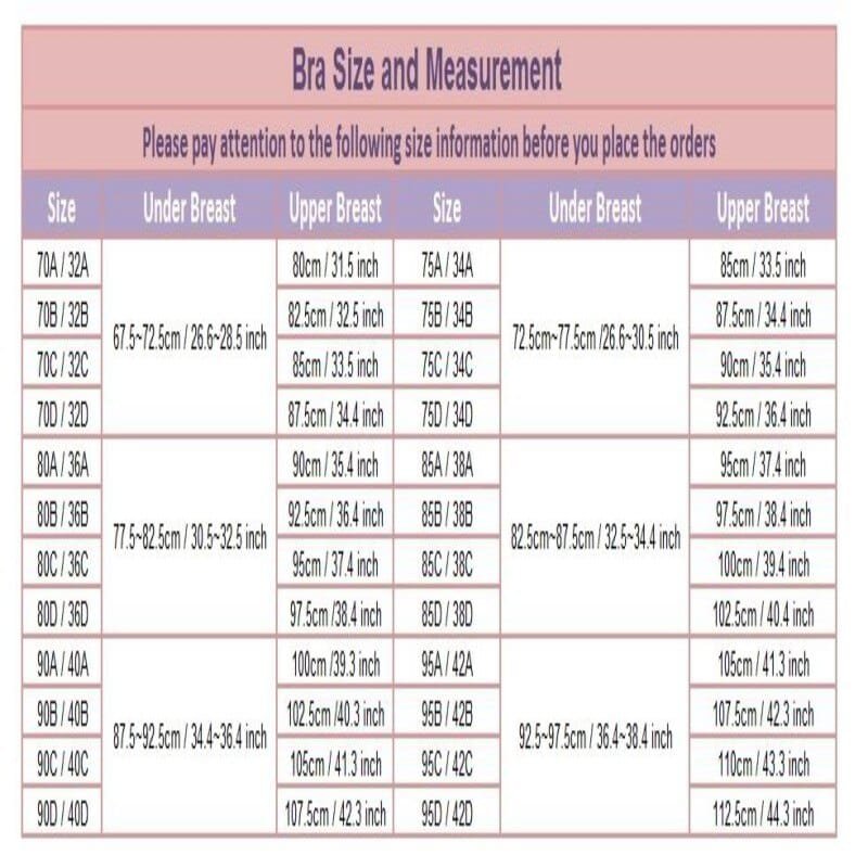 Underwear Breast Feeding Bra size chart in centimetres and inches for choosing the right nursing bra fit.