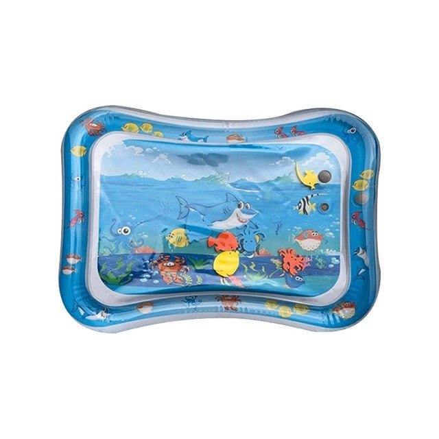 Inflatable water mat with ocean-themed design on a white background