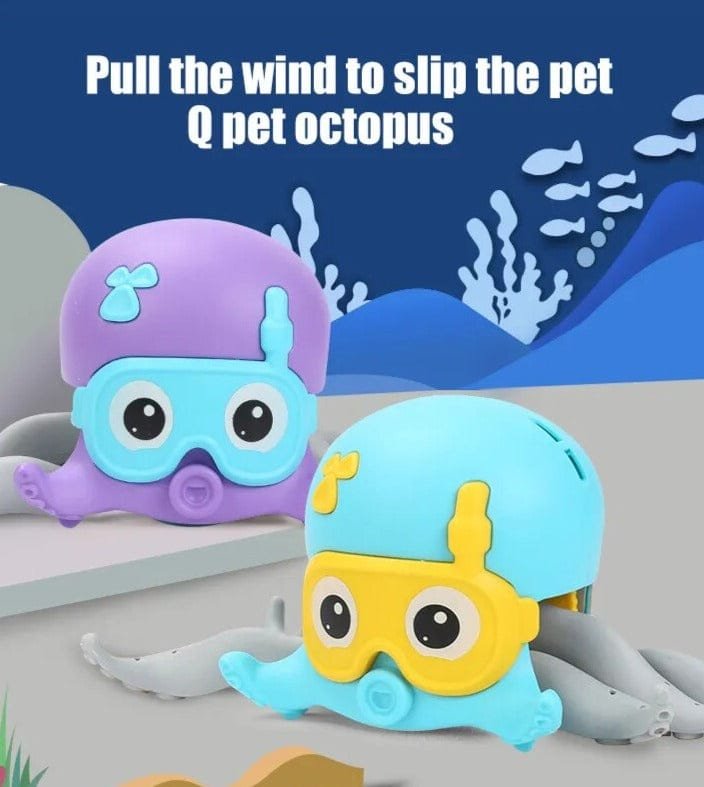 Octopus and baby shark zipper bath toys as a pair for bath time play, splashing, and water fun.