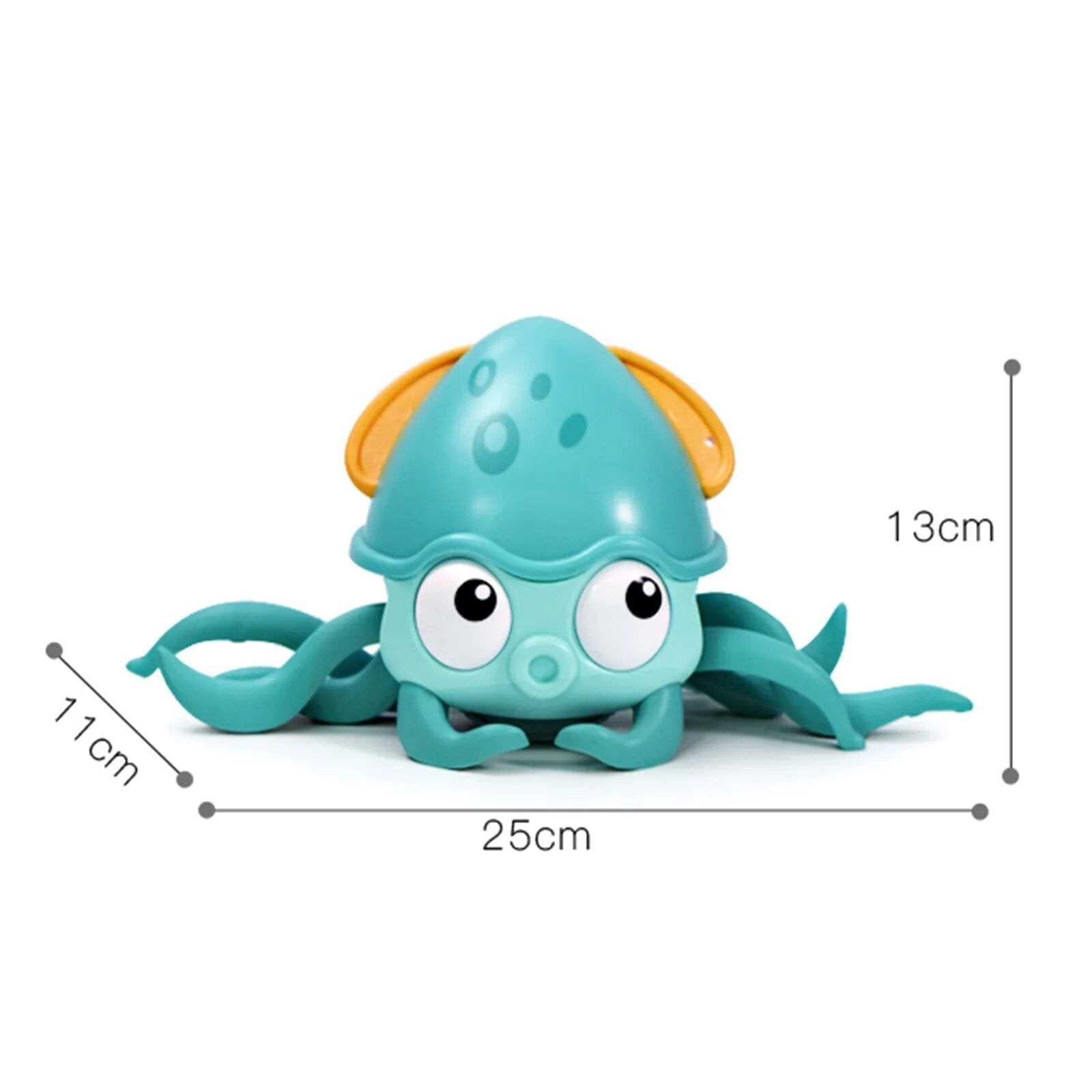Octopus clockwork bath toy size guide showing compact dimensions for easy handling during baby bath and beach play.