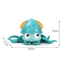 Octopus clockwork bath toy size guide showing compact dimensions for easy handling during baby bath and beach play.