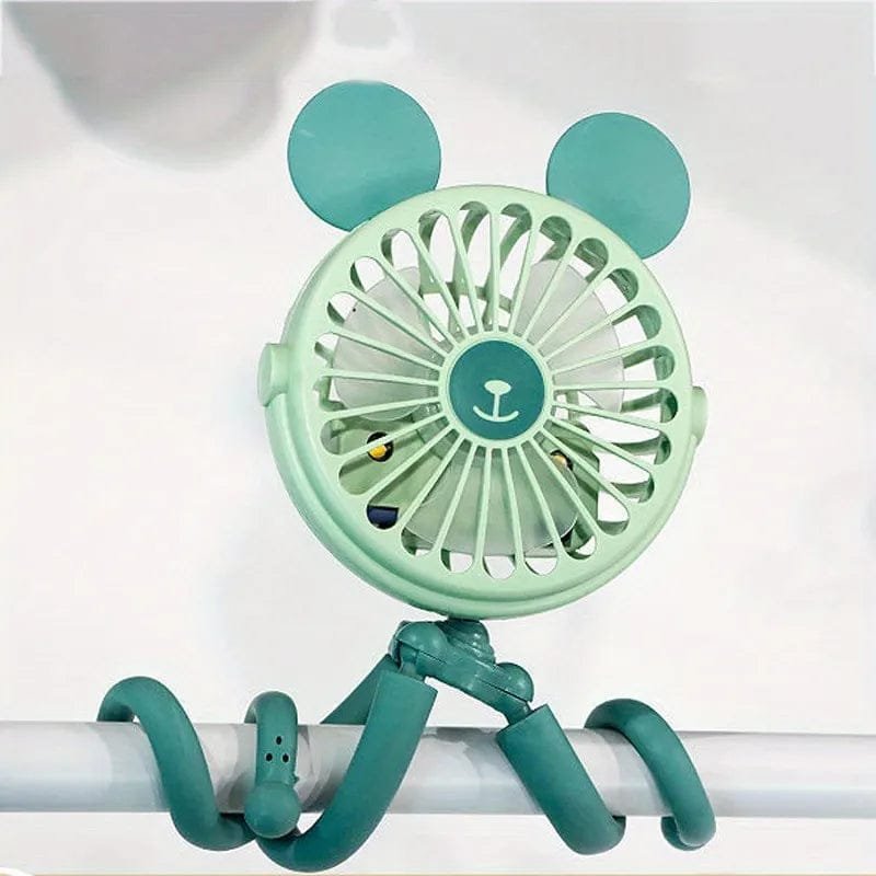 Green octopus tripod fan for baby carriage cooling, keeping infants comfortable on hot-weather strolls.