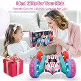 Woman and child with a pink remote control car and gift box, ideal for kids.