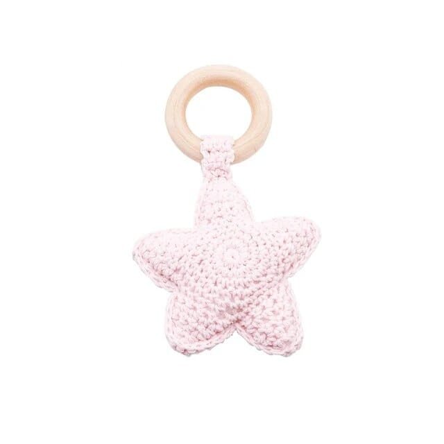 Off-white cloud crochet wooden baby rattle and teether ring, a neutral colour option for newborn gifting.