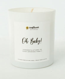 Oh Baby Pregnancy Candle in a white jar for relaxation, nursery ambience, and expectant mother self-care.