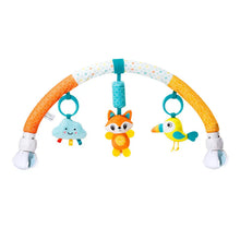 On-the-go infant stroller arch toy with colorful animals, chimes, and squeaker for travel play.