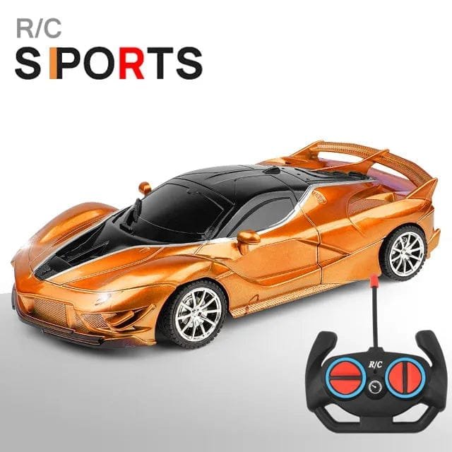 Orange and black LED RC drift sports car for high-speed racing and hobby remote control play.