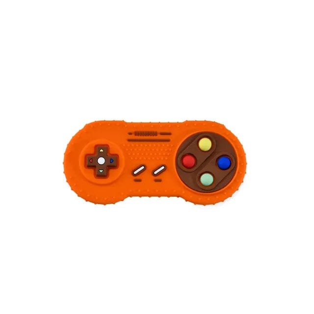 Orange controller baby teether seen from the side for chewing comfort, gum relief, and playtime fun.