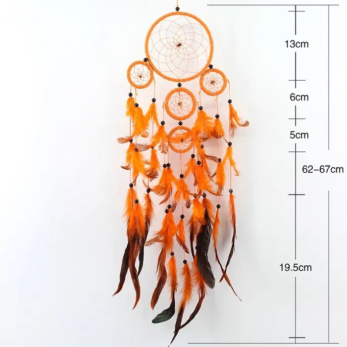 Orange feather dream catcher in a bohemian rattan design with a size chart shown.
