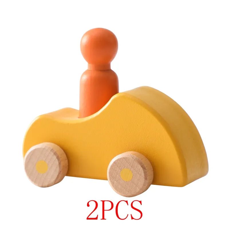 Montessori-inspired wooden train with trolley set including a toy car with an easy-grip orange handle.