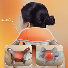 Orange heated neck and shoulder massager worn for relaxing muscle tension relief.