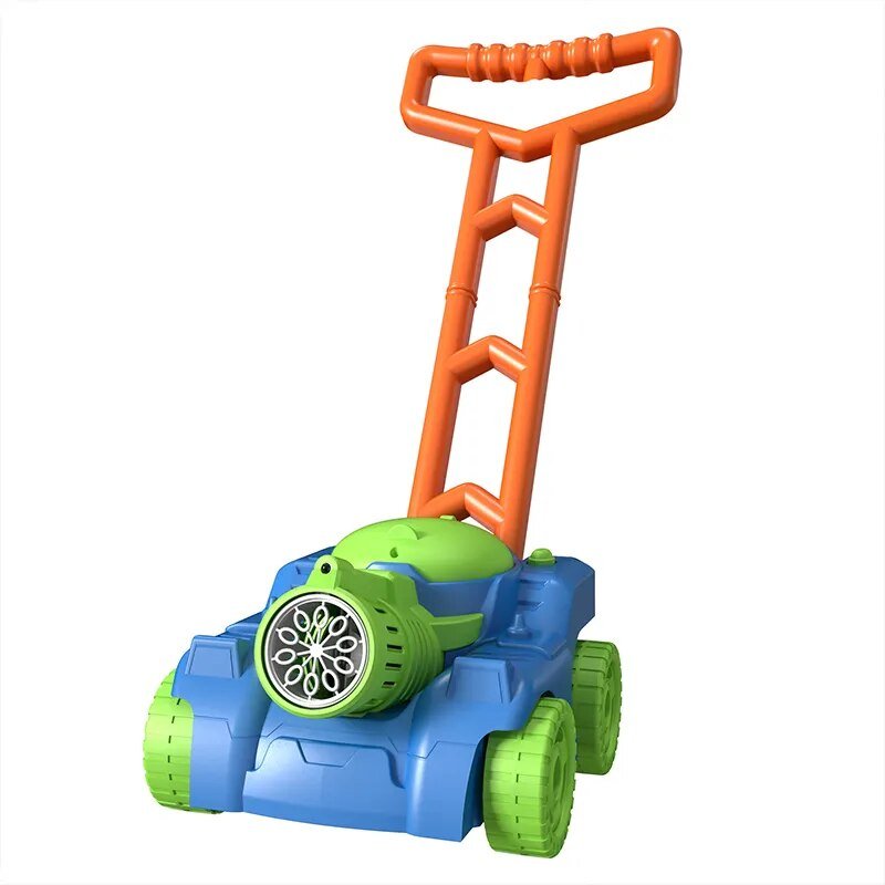 Orange push lawn mower bubble machine producing continuous bubbles for parties and garden fun.